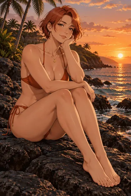 Corisande, an adult anime companion sitting on dark seaside rocks at dusk