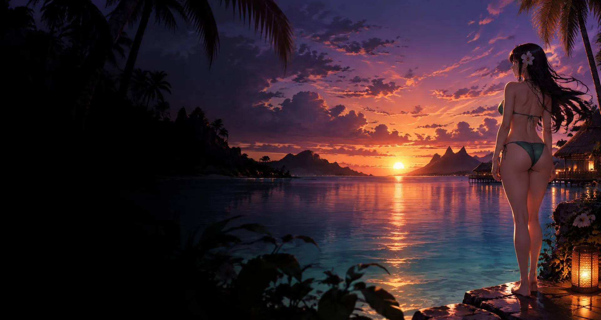 A sora-nsfw companion watching the sunset over a tropical lagoon