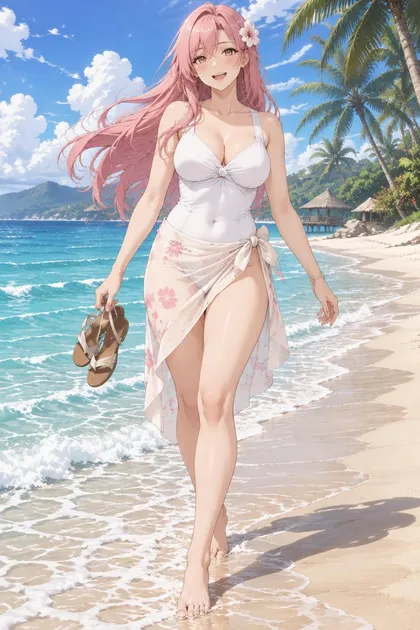 Maelith, an adult anime companion walking barefoot along the shoreline